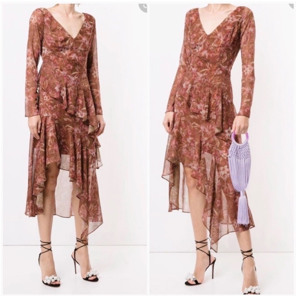 Marchesa Notte Asymmetrical V-Neck Dress in Brown Floral